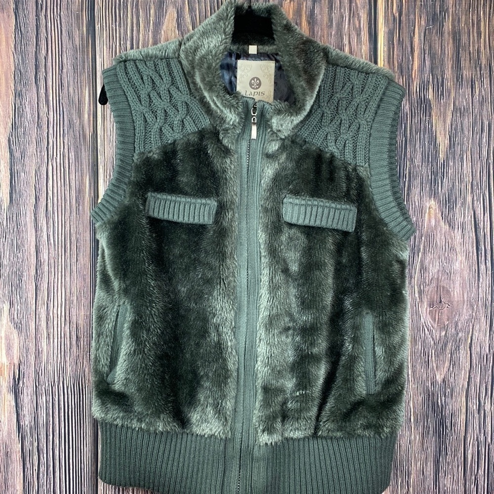 Anthropology Lapis Greenish-Blue Faux Fur Vest With Knit Details- Size Medium